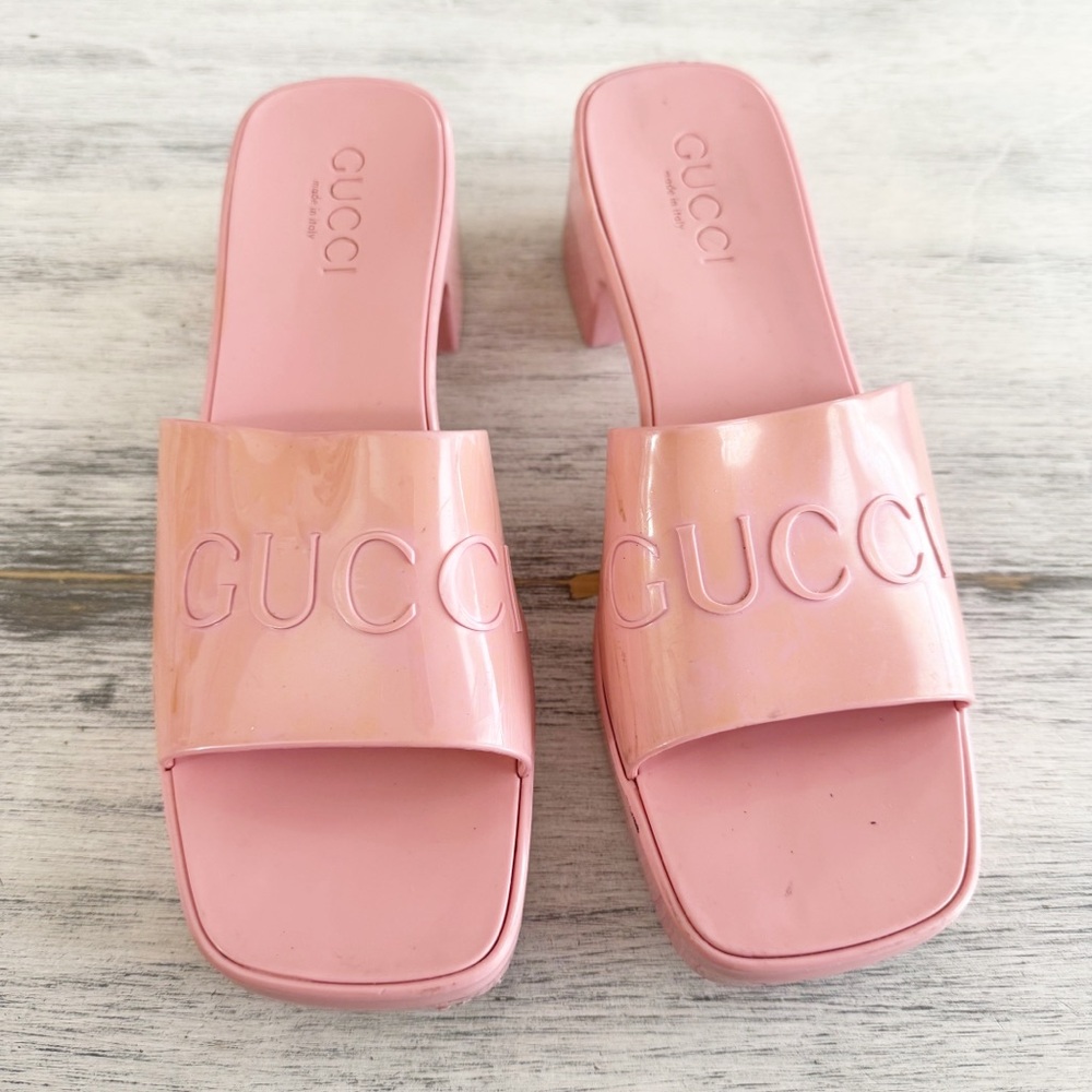 Gucci Pink Wild Rose Rubber Slides Heeled Mules Sandals size 39 - Picture 4 of 11